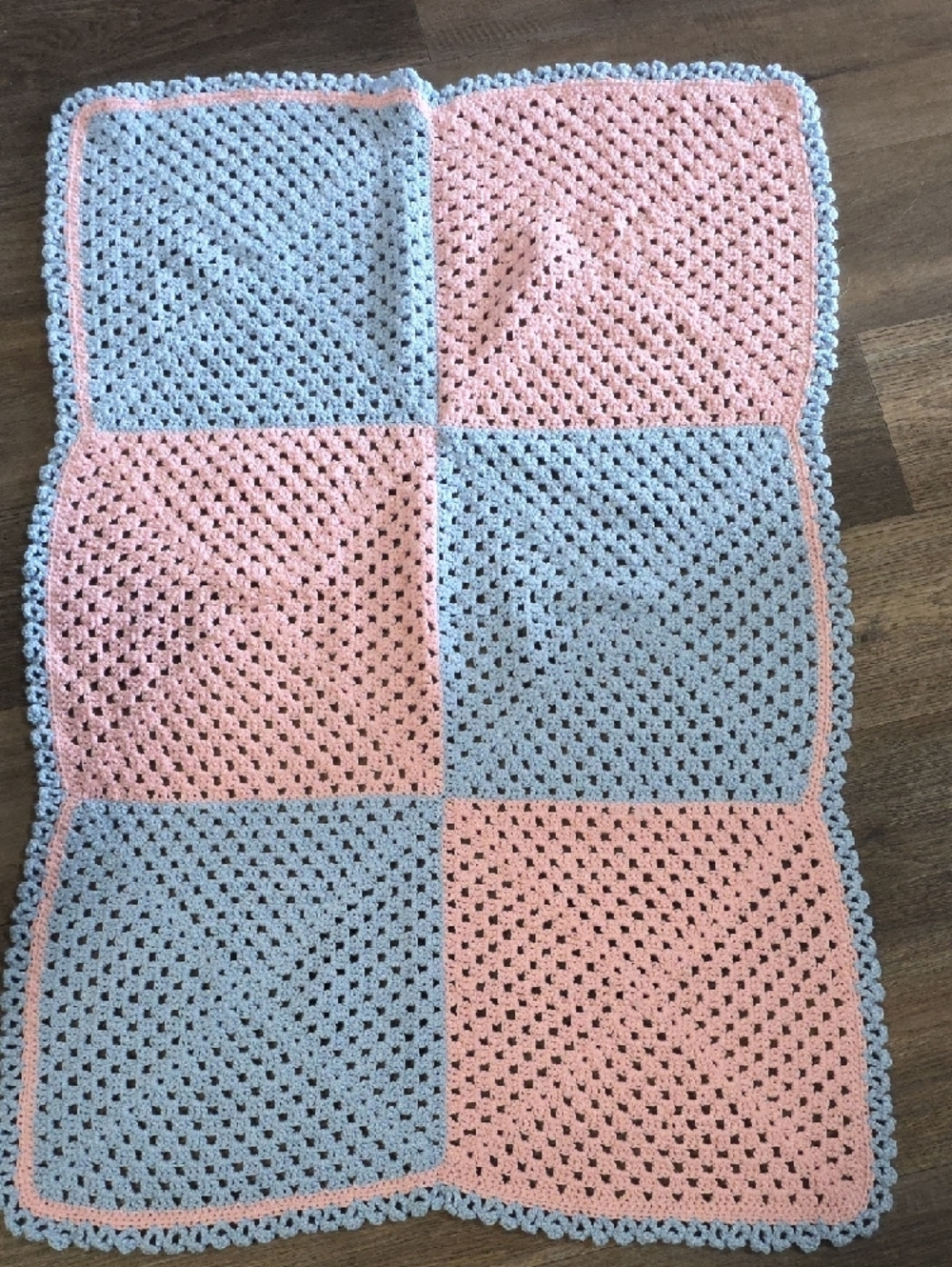 Crocheted Patchwork Baby Blanket - Pink & Light Blue - Picture 2 of 3